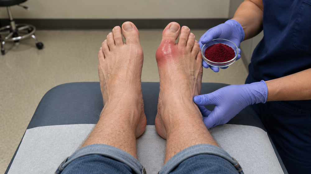 Gloved hands holding a glass dish of crimson tart cherry powder beside a man's swollen, red big toe on an exam table