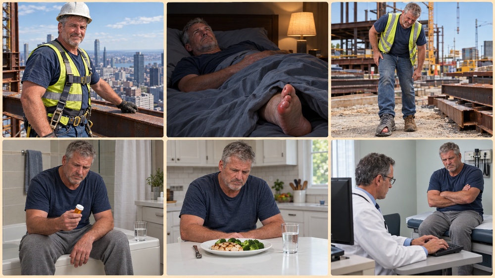 Six-photo collage of an ironworker in his late 50s living with gout: on a steel beam in a hard hat before gout, his swollen red foot sticking out from under the bedsheet at night, limping on a job site in a sneaker with a slit cut in it, staring at a pill bottle, facing a plain chicken dinner, and a doctor typing in a chart