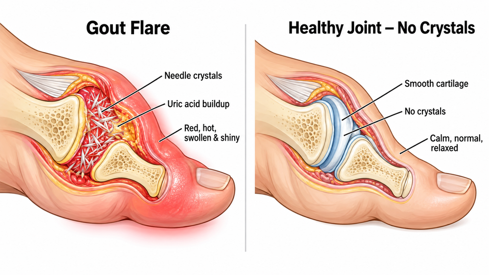 Two-panel diagram: a gout-flare big-toe joint packed with needle crystals, red and swollen, beside a healthy joint with smooth cartilage and no crystals