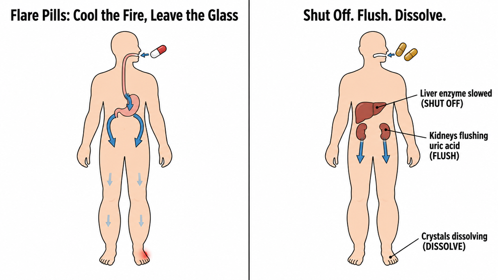 Two-panel diagram: flare pills cool the fire but leave the glass, versus Shut Off, Flush, Dissolve: liver enzyme slowed, kidneys flushing uric acid, crystals dissolving