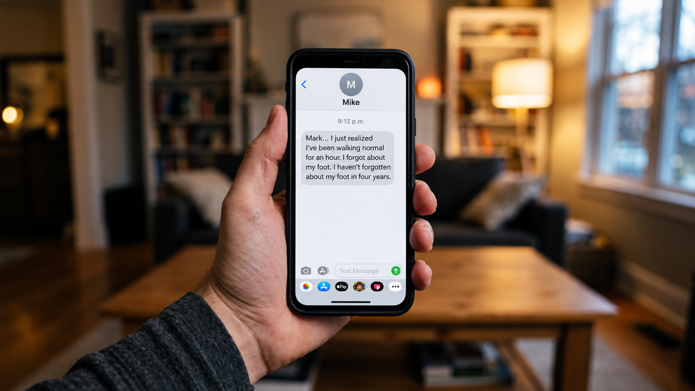 A hand holds a phone showing a text from Mike: "Mark... I just realized I've been walking normal for an hour. I forgot about my foot. I haven't forgotten about my foot in four years."