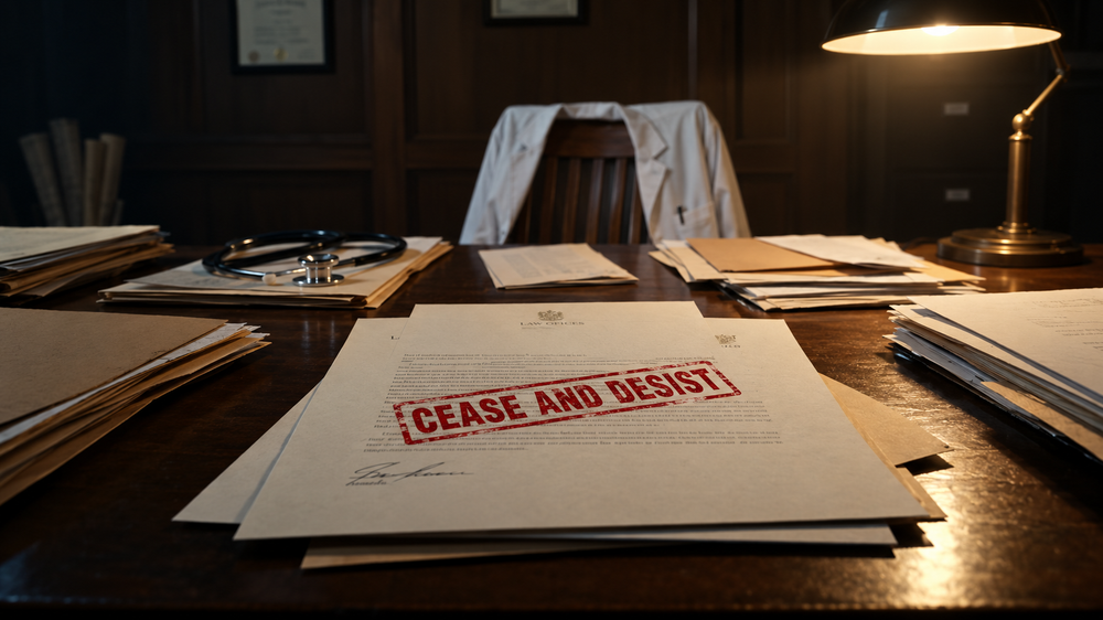 A cease-and-desist letter stamped in red on a doctor's desk at night, beside a stethoscope and a draped white coat