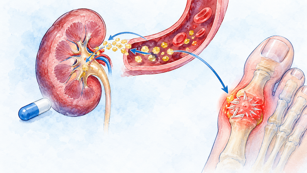 Watercolor illustration of a kidney holding uric acid back into the bloodstream, with a pill capsule beside it and a red, crystal-filled big-toe joint below.