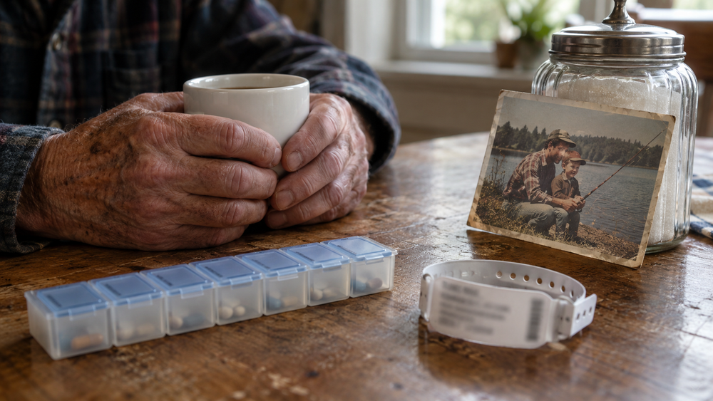 An older man's hands around a coffee mug beside a pill organizer, a hospital wristband and an old photo of a father and son fishing.