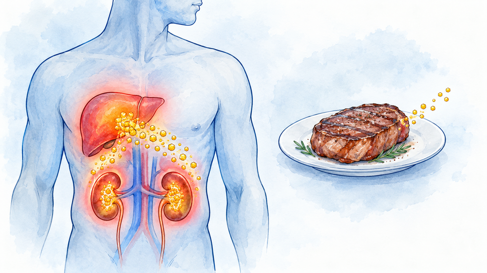 Watercolor illustration of the liver and kidneys producing most of the body's uric acid, with a small plate of steak producing only a little.
