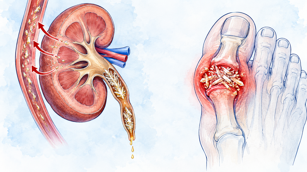 Watercolor illustration of a kidney whose outlet is clogged with uric acid crystals, beside a big-toe joint glowing red with needle crystals.