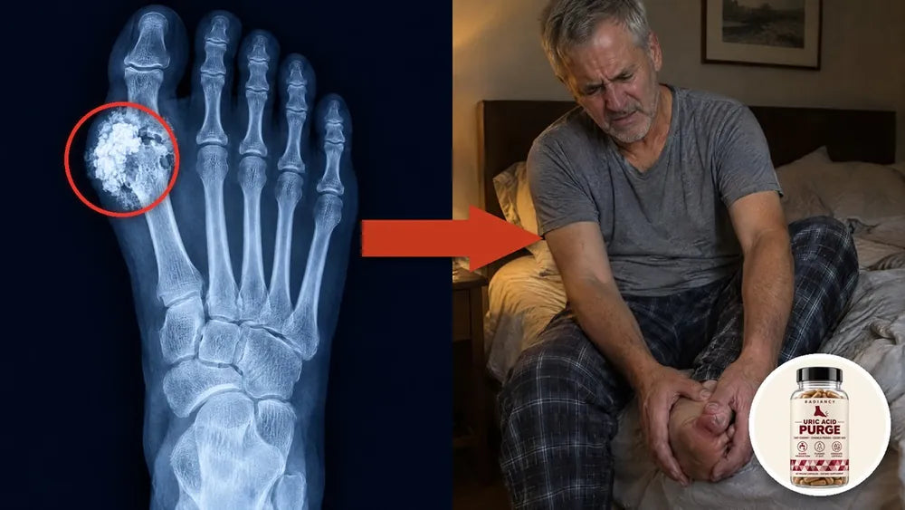 Foot X-ray showing white uric acid crystal deposits at the big-toe joint, an arrow to a man in his 50s gripping his painful swollen foot at night, and the Radiancy Uric Acid Purge bottle
