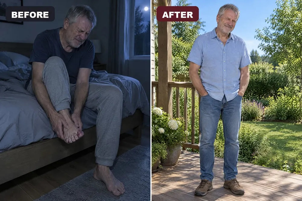 Before and after: a man in his late 50s gripping his swollen foot on the edge of his bed at night, and the same man smiling and standing tall in laced shoes on a sunny porch
