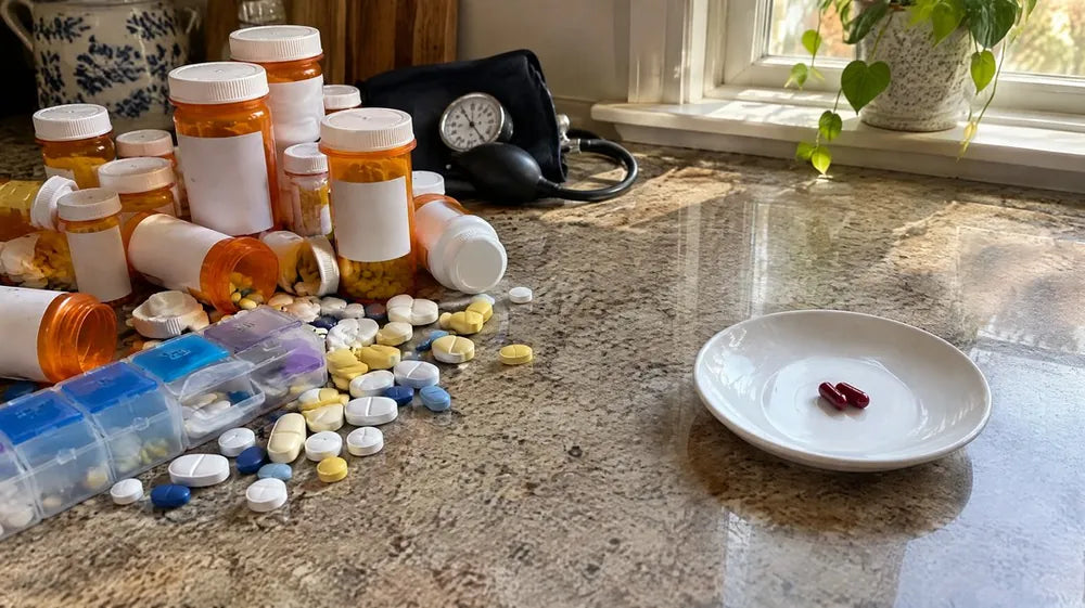 A crowded pile of prescription pill bottles, tablets and a blood-pressure cuff beside a plate holding just two capsules