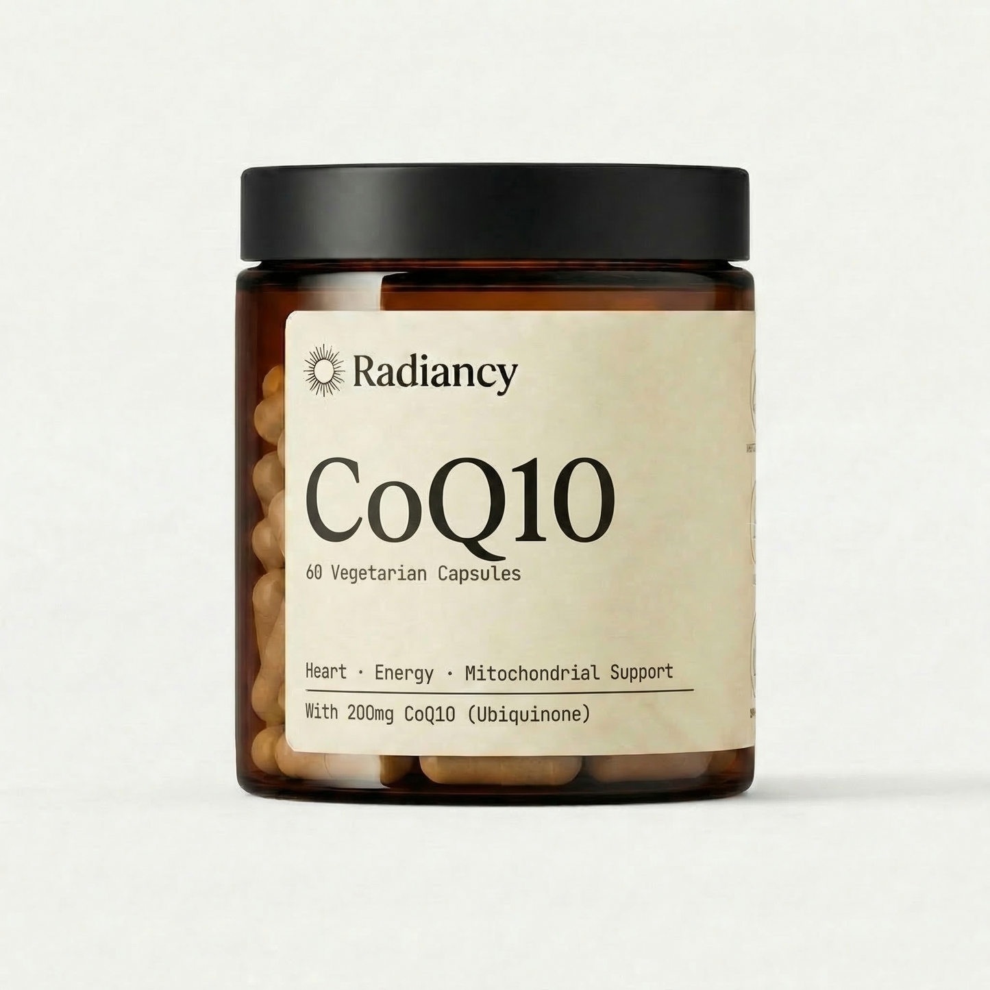 Radiancy CoQ10 100mg supplement bottle with a white label and orange accents, showcasing the product in a clear container.