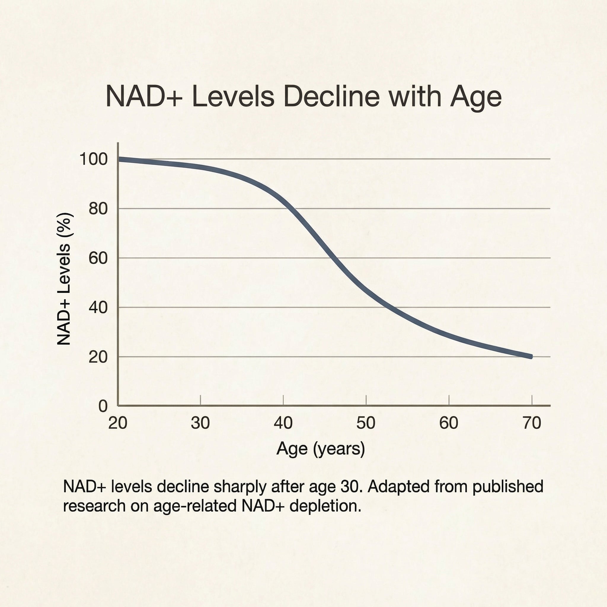 NAD+ levels decline with age — by 40, you've lost up to half your NAD+