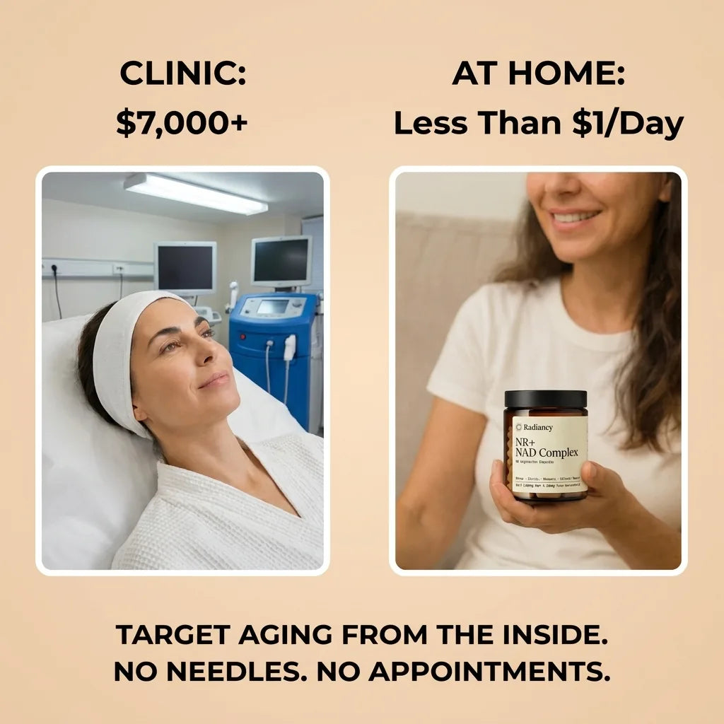 Clinic: $7,000+ vs. At Home: Less than $1/day. Target aging from the inside. No needles. No appointments.