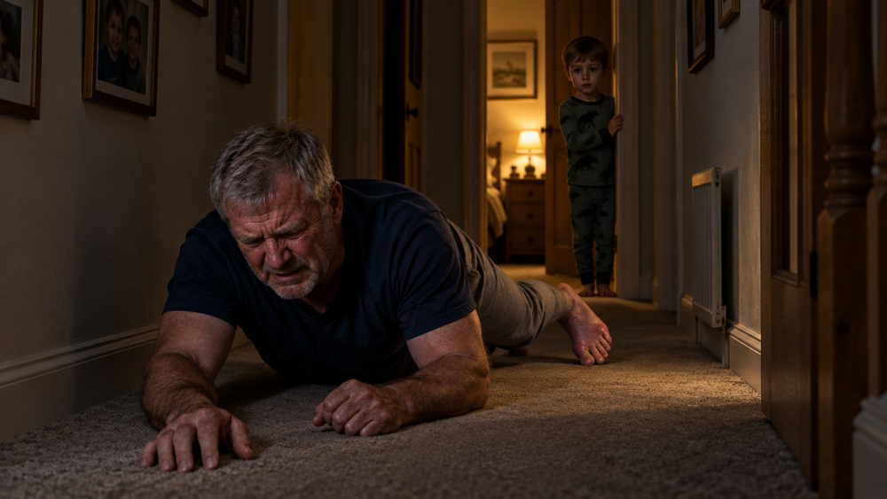 At 3 AM a man in his late 50s crawls on his elbows down a dim hallway, dragging a swollen red foot, while a small boy in dinosaur pajamas watches from a lit bedroom doorway