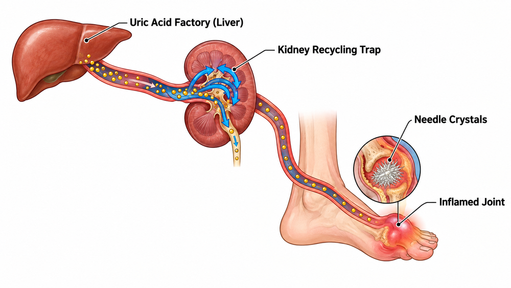 Diagram: the liver makes uric acid, the kidney recycles most of it back into the blood, and needle crystals build up in an inflamed big-toe joint
