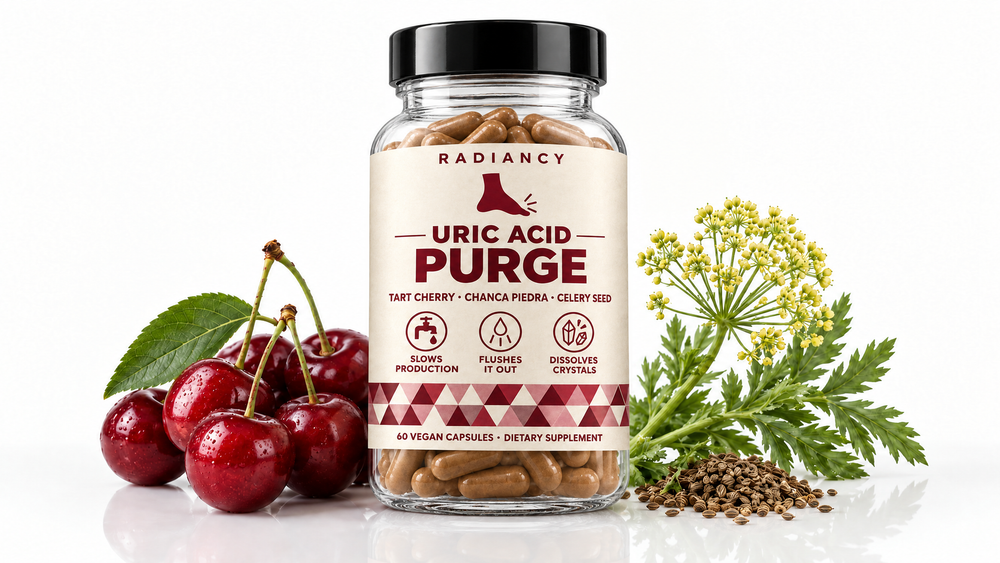 Radiancy Uric Acid Purge bottle between fresh tart cherries and a flowering celery sprig with celery seeds