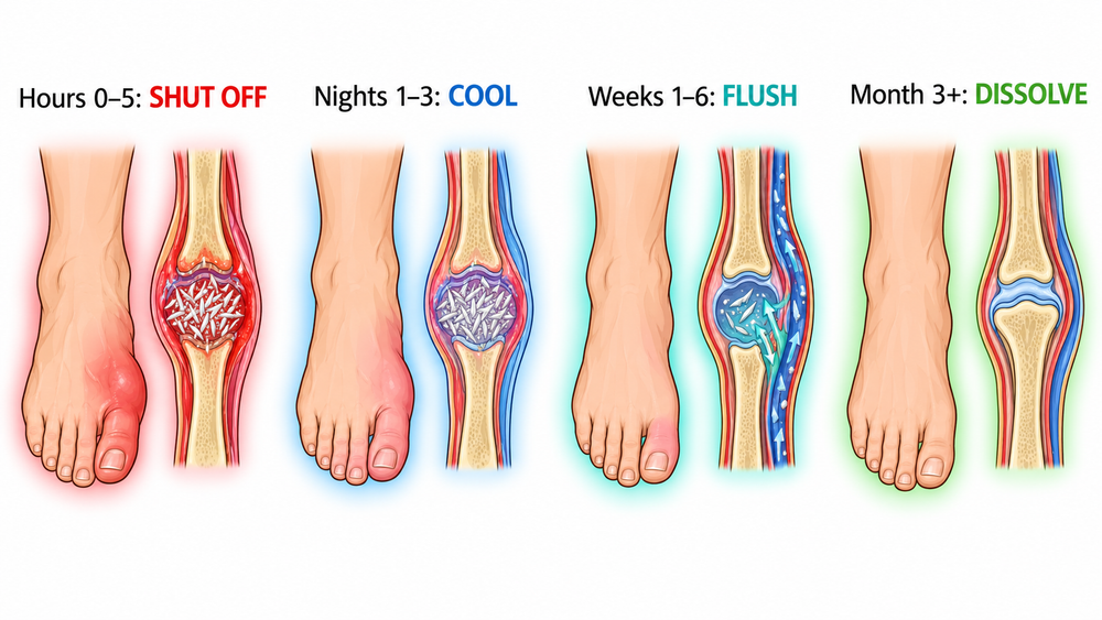 Four-panel illustrated timeline of a big-toe joint: Hours 0–5 Shut Off, Nights 1–3 Cool, Weeks 1–6 Flush, Month 3+ Dissolve. The joint goes from red and packed with crystals to calm and clear