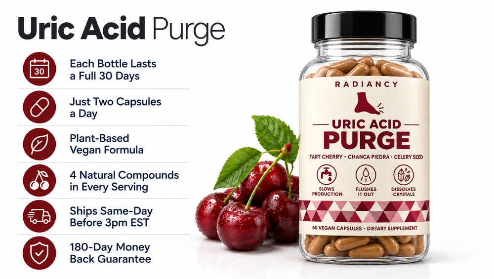 Radiancy Uric Acid Purge bottle with tart cherries and six benefits: each bottle lasts 30 days, two capsules a day, plant-based vegan formula, 4 natural compounds per serving, ships same-day before 3pm EST, 180-day money-back guarantee