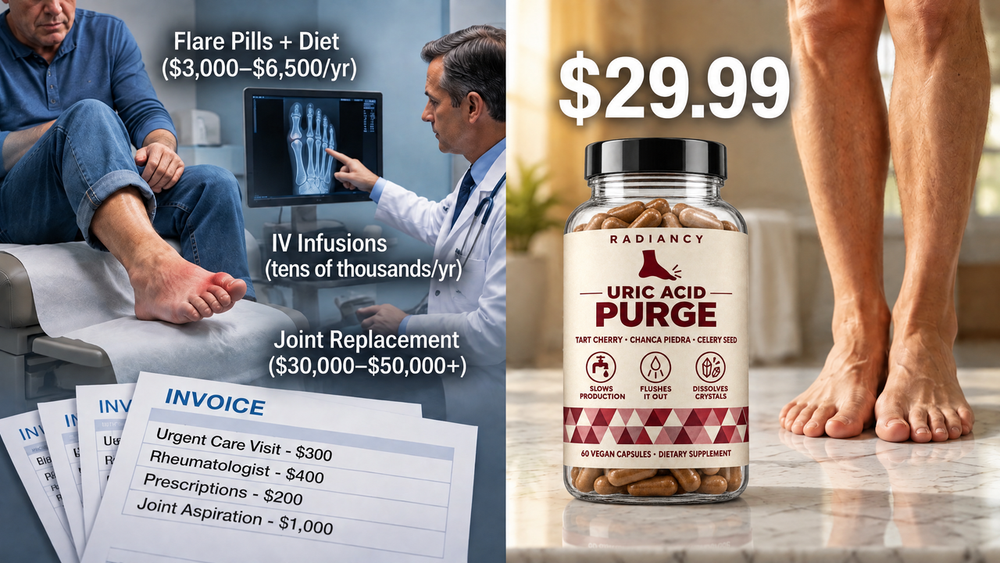 Split image: gout treatment costs (flare pills + diet $3,000–$6,500/yr, IV infusions, joint replacement $30,000–$50,000+) versus one bottle of Radiancy Uric Acid Purge at $29.99