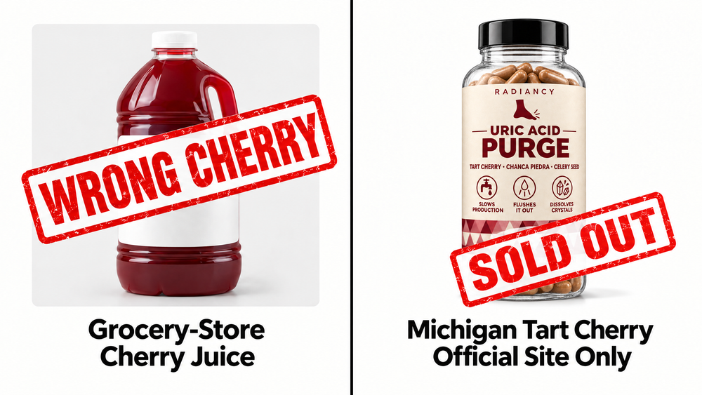 Split image: grocery-store cherry juice stamped "WRONG CHERRY" versus Radiancy Uric Acid Purge stamped "SOLD OUT", captioned "Michigan Tart Cherry, Official Site Only"