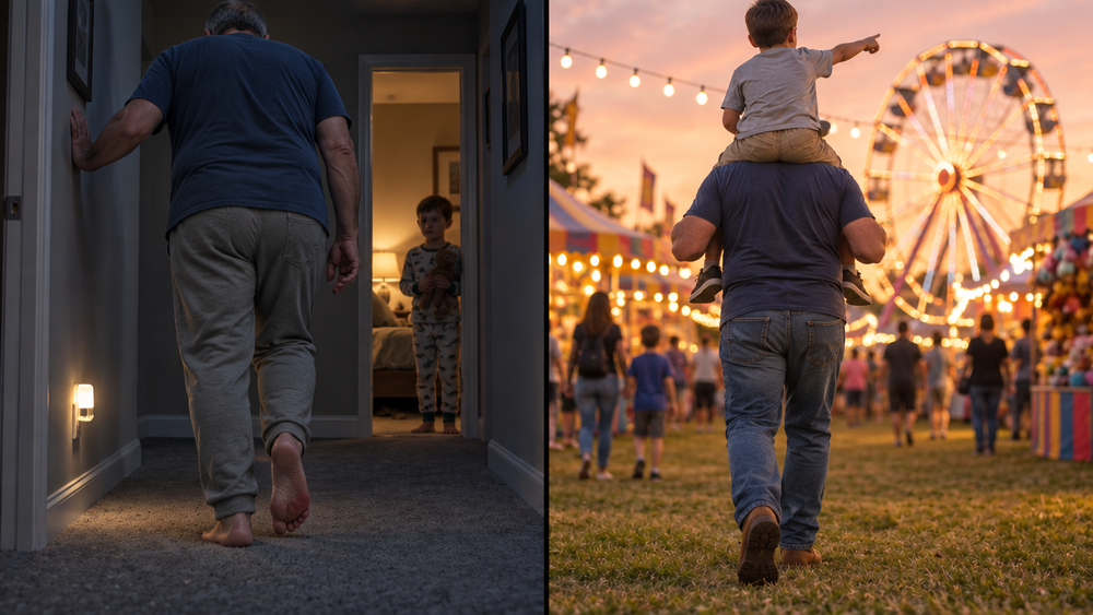 Before and after: an ironworker in his late 50s hobbles down a dark hallway gripping the wall while his grandson watches, then walks tall at a county fair at dusk with the boy on his shoulders