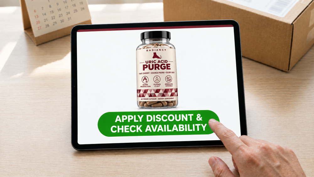 Tablet showing Radiancy Uric Acid Purge and a green "Apply Discount & Check Availability" button being tapped