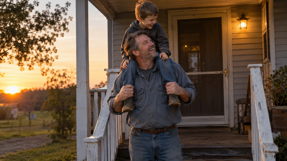 A man in his late 50s in work clothes on his porch steps at dusk, his young grandson on his shoulders, both laughing.