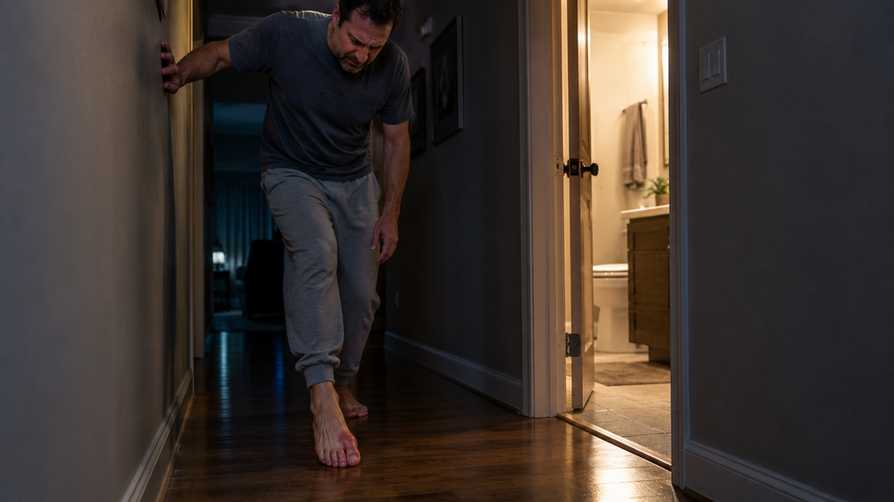 A man limping down a dark hallway at 3 AM toward the bathroom light, one hand on the wall, his swollen big toe barely touching the floor.