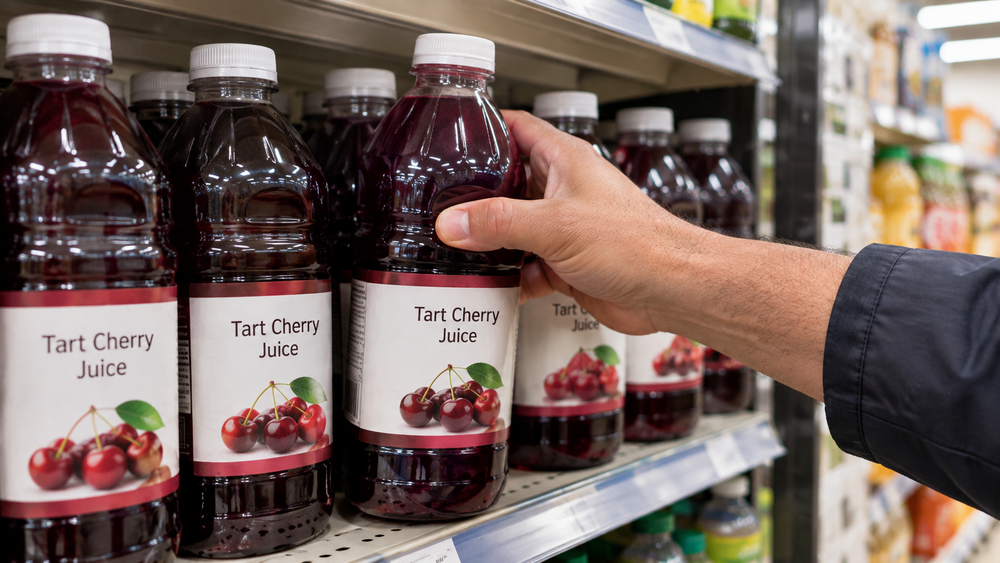 A man's hand reaching for a bottle of tart cherry juice on a grocery store shelf.