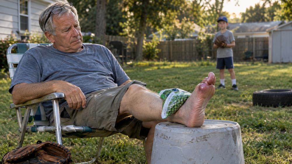 A grandfather sits in a lawn chair with his swollen, red gout foot propped on an upturned bucket and a bag of frozen peas on his ankle, while his grandson waits on the lawn with a baseball glove.