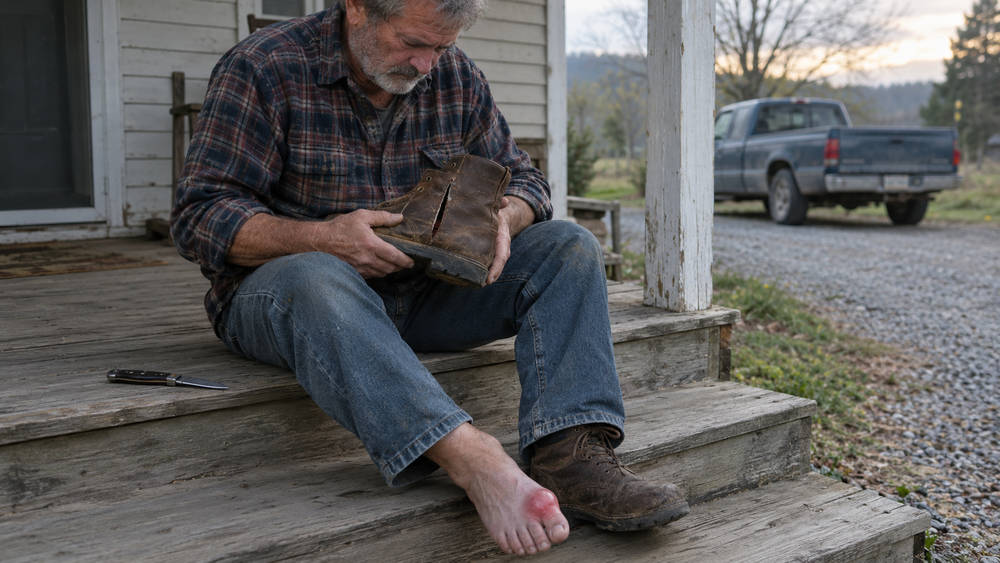 A man in his 60s sits on worn wooden porch steps holding a leather work boot with a slit cut down its side, an open pocketknife beside him; his bare right big toe is swollen, red and shiny from gout.