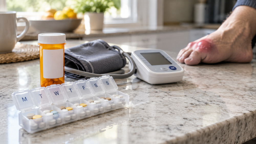 A pill organizer, a blood pressure cuff and a prescription bottle on a kitchen counter, with a man's swollen, red big toe at the edge of the frame.