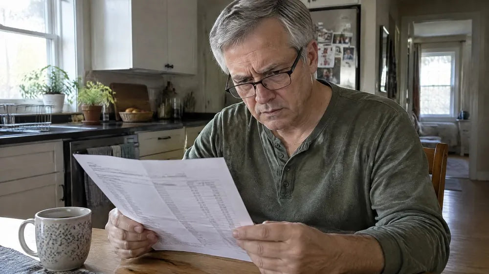 A man in his 50s at his kitchen table frowning over a printed lab results sheet