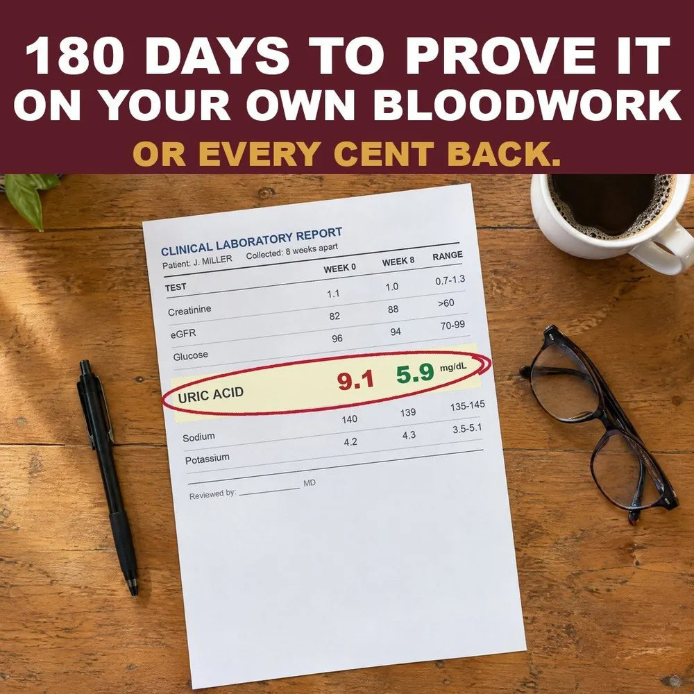 A clinical lab report on a kitchen table with pen, coffee and reading glasses; the uric acid line, 9.1 then 5.9 mg/dL, is circled in red pen, under the headline "180 days to prove it on your own bloodwork, or every cent back"