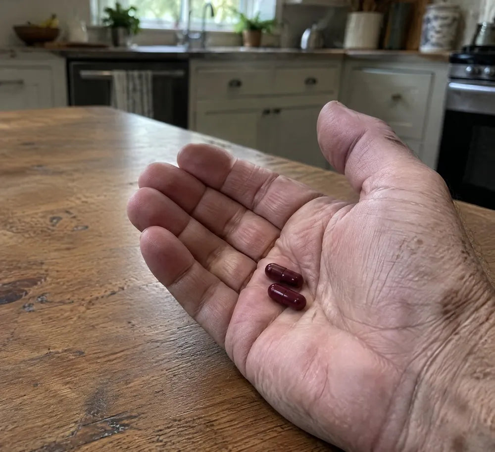 A man's open palm holding two Radiancy capsules over a kitchen table