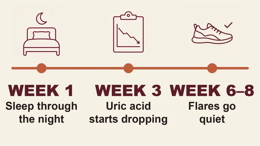 Timeline: week 1 sleep through the night, week 3 uric acid starts dropping, weeks 6 to 8 flares go quiet