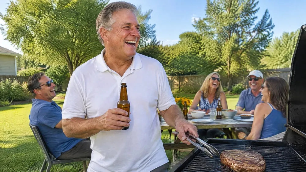 A laughing man in his 50s with a cold beer and tongs at a sunny backyard barbecue, a steak on the grill and friends laughing at the table behind him