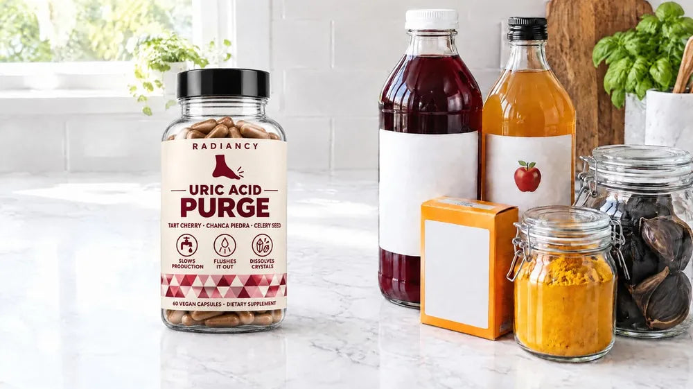 A bright kitchen counter with tart cherry juice, apple cider vinegar, baking soda, turmeric and a black garlic jar crowded together on the right, and the Radiancy Uric Acid Purge bottle standing apart on the left in the sunlight