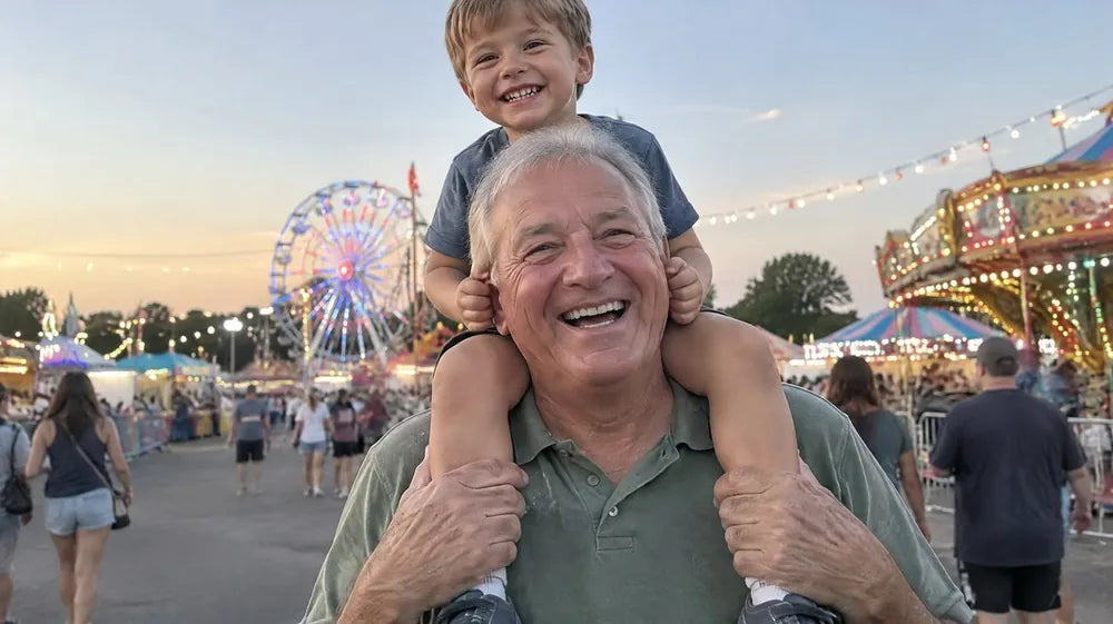 A grandfather laughing with his four-year-old grandson on his shoulders at a county fair at sunset