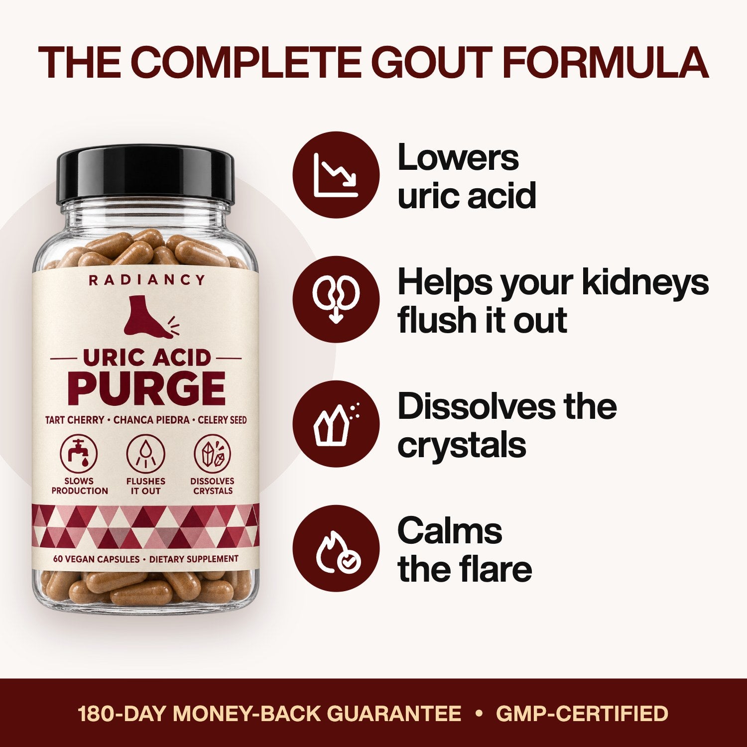 Works 4 ways at once: lowers uric acid, helps your kidneys flush it out, dissolves the crystals, calms the flare