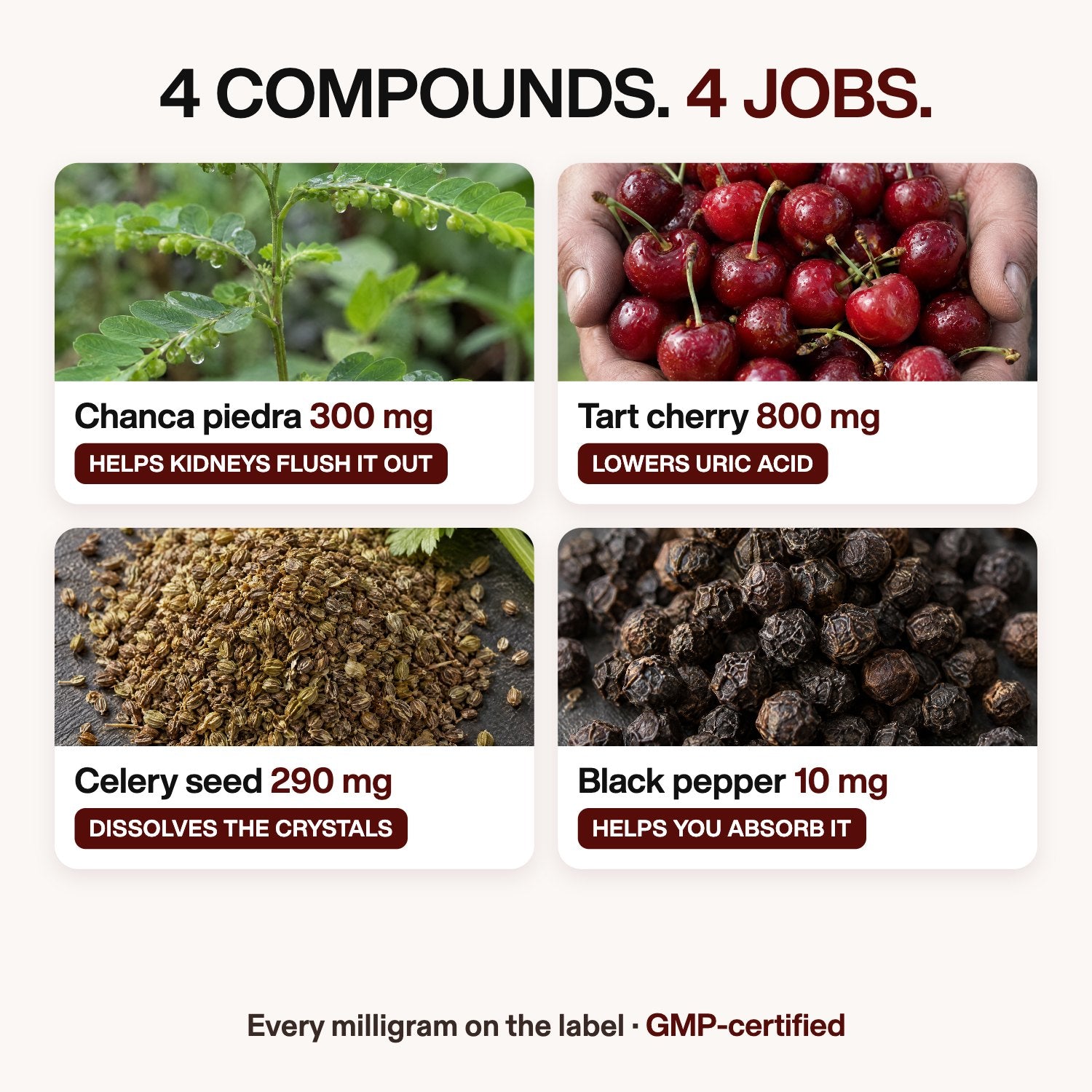 4 compounds, 4 jobs: chanca piedra 300 mg, tart cherry 800 mg, celery seed 290 mg, black pepper 10 mg