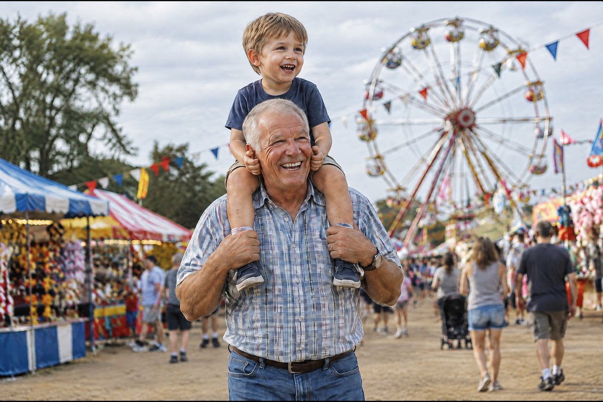 Grandfather at the county fair with his grandson on his shoulders