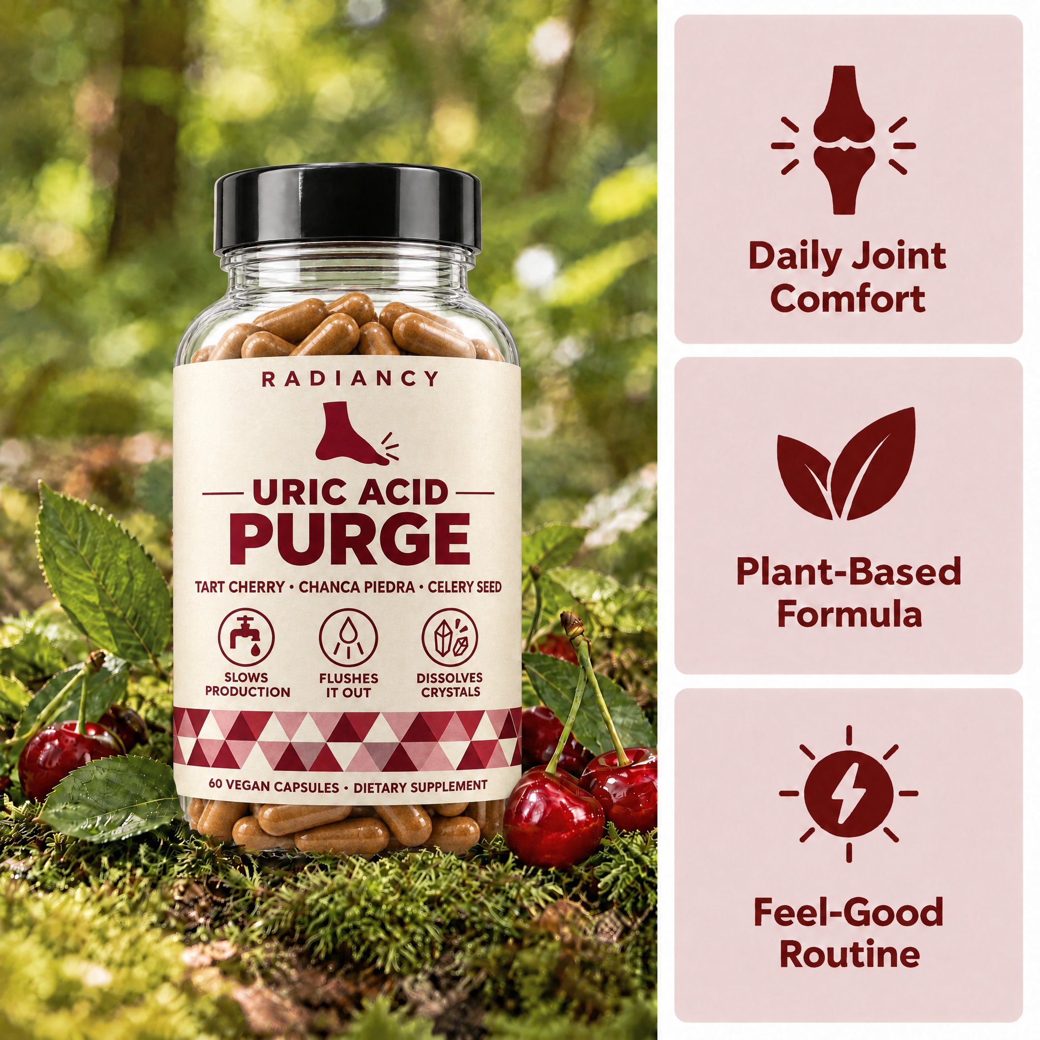 Radiancy Uric Acid Purge bottle in nature with three daily benefits