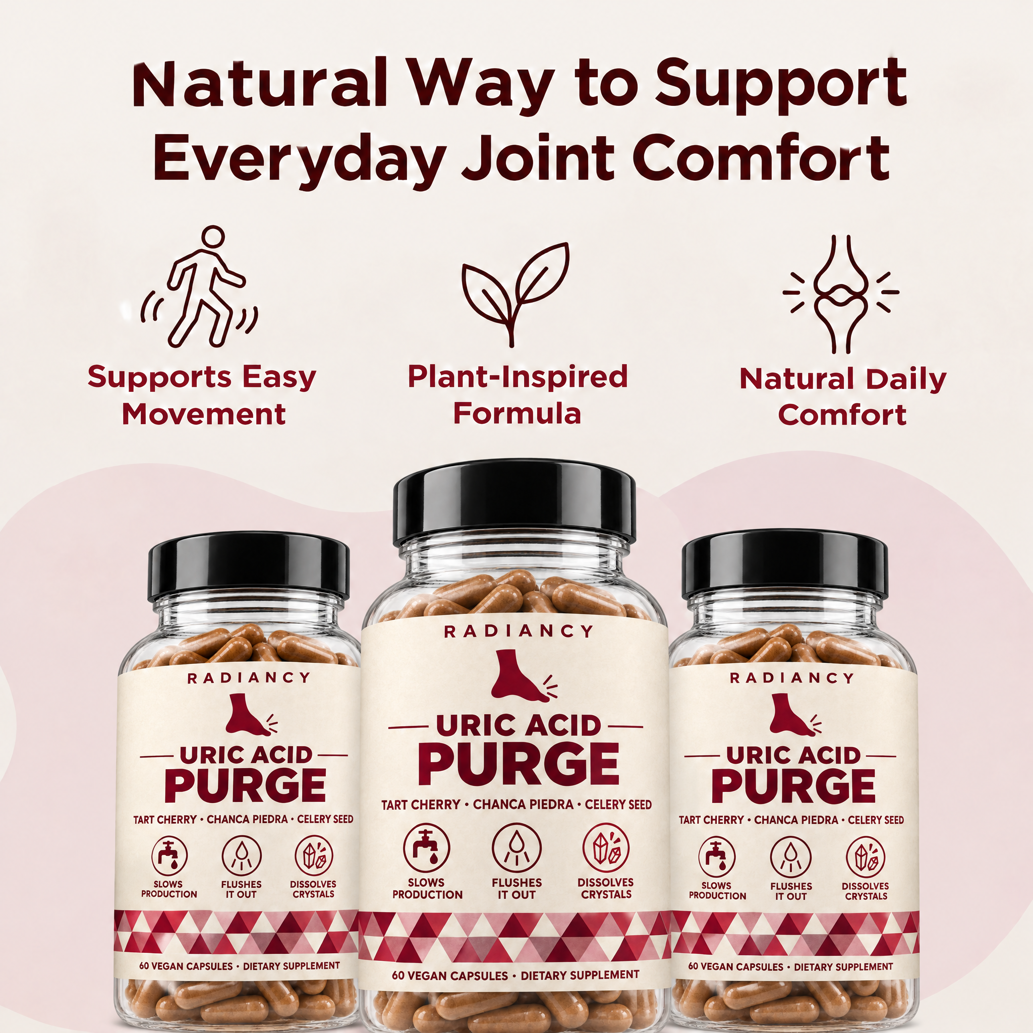 Three Radiancy Uric Acid Purge bottles - natural way to support everyday joint comfort
