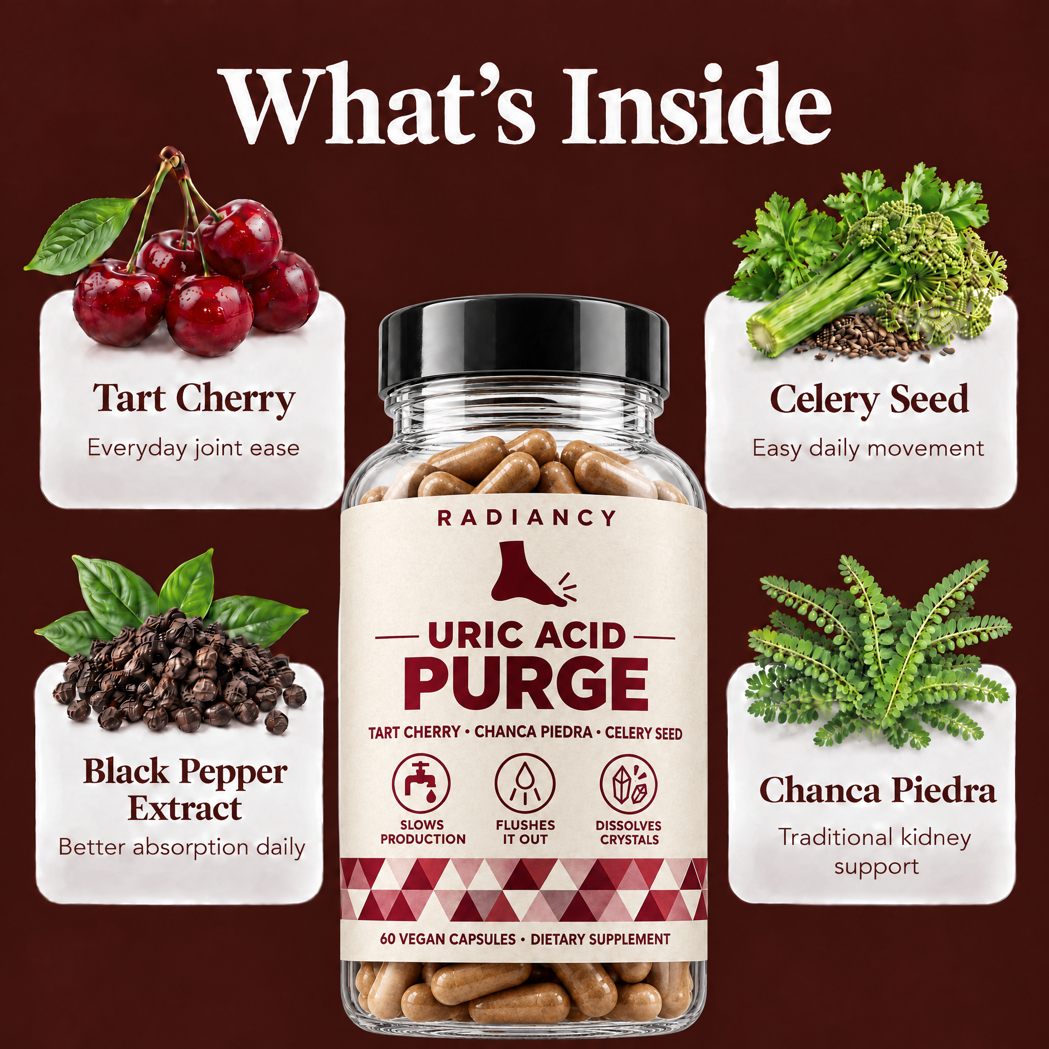 What's inside: tart cherry, celery seed, black pepper extract, chanca piedra